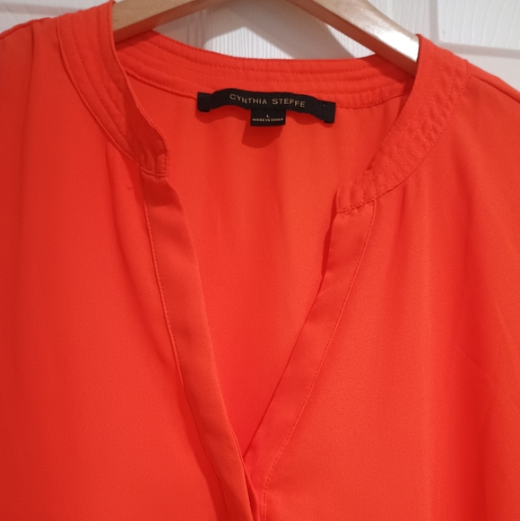 New Cynthia Steffe Vibrant Orange V-neck Cap Sleeve Hi-Lo Dressy Blouse Size Lg - Picture 3 of 8